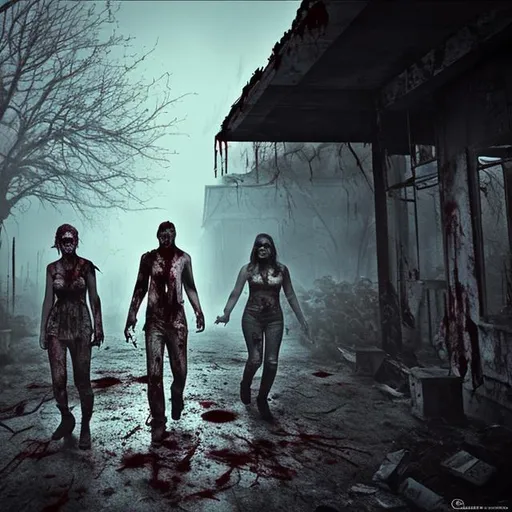 Prompt: Lost place, Walking zombies, blood splatter, foggy