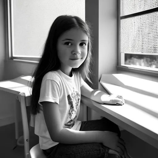 Prompt: A girl sitting on a chair one hand on a desk which is beside a window. There is nothing on the tiny desk. A black and white picture except for the girls cheek. The window is emitting light which is being reflected like a prism like color set from the girls  cheek. She has shoulder length dark hair and wearing a black t shirt with full jeans.  No make up. She is looking at the window.