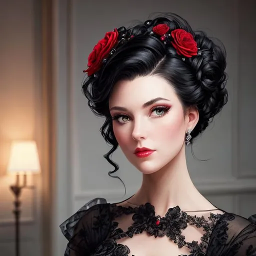 Prompt: Beautiful woman portrait wearing a black evening gown,  black hair, dark eyes, ruby jewelry,elaborate updo hairstyle adorned with flowers, facial closeup