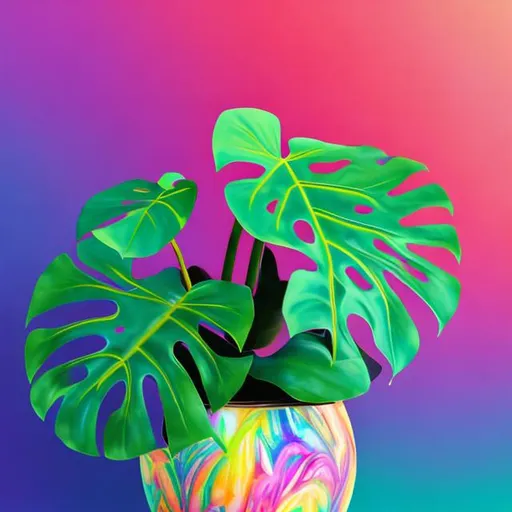 Prompt: Miniature Monstera in a vase in the style of Lisa frank