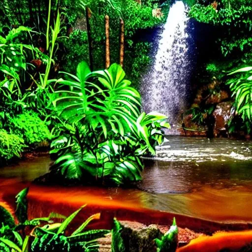 Prompt: tropical jungle raining green tropical plants pools ponds waterfall sunset orange large tiger

