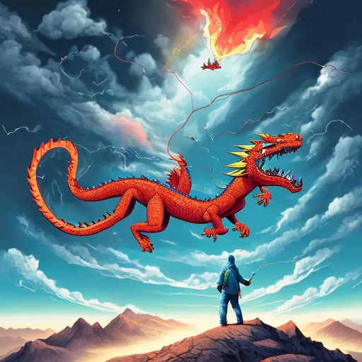 Prompt: man walking on top of the world, chasing a dragon shaped kite, world burning, from outer space perspective, art, not realistic, blue, green, pink, red, fresh colors, good quality
