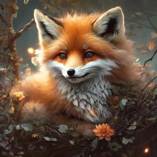 Prompt: Cute fluffy baby fox, flowers, forest colours, sparkling eyes, embers in her eyes, shining eyes, beautiful fur,  sharp features, highly detailed, digital painting, artstation, concept art, smooth, sharp focus, expressive eyes, illustration, art by Artgerm and greg rutkowski and alphonse mucha