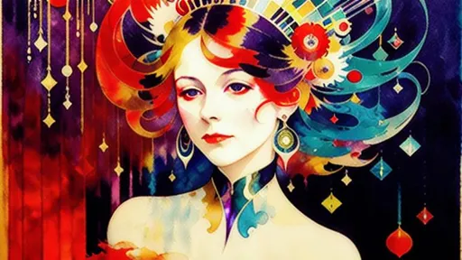 Prompt: Lady in red, smudge, splash, stain, watercolor, alphonse mucha, rococo, iridescent, synesthesia, mysterious, vapor, whimsical, noctilucent, karol bak, sonia delaunay, takashi murakami, ralph steadman, mixed media, symbolist painting