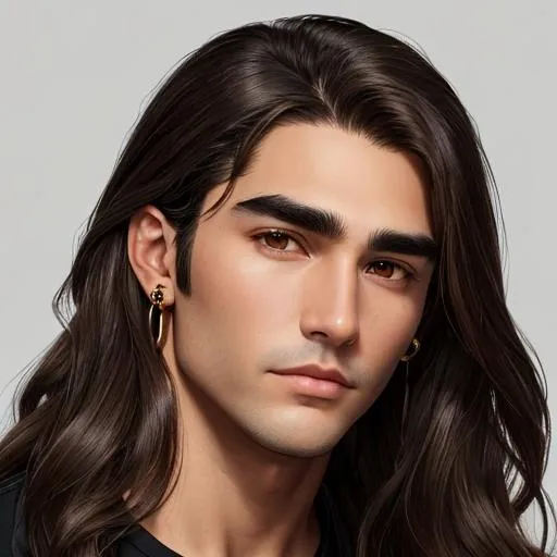 Prompt: man, brown middle part hair, medium long hair, brown eyes, thick black eyebrows, oval face, golden earring left side ear