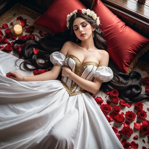 Prompt: Anime lady。HD 4K black long curve hair anime lady of the Middle Ages. Clothes should not be too revealing. She was lying on the bed. She has a red pupil. Full body portrait. The background is an ornate bed strewn with rose petals. Her hair was long and mixed with flower petals. Her hair looked like it might have reached the floor. She's dressed like a Greek goddess in medieval style。 Her hands were holding the sheets.Her eyes were very charming. Lying on the bed and looking in good shape. The room is a bit dark, but this woman is so white that she glows。This picture is from a top-down perspective. The woman's skirt is dark color. the bud looks luxuary and huge.