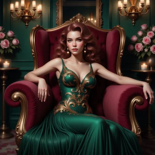 Prompt: Draped elegantly on a lavish burgundy armchair, a striking woman exudes sophistication in a stunning emerald gown adorned with intricate gold embroidery. Her voluminous, curly hair cascades over her shoulders, complementing her poised demeanor and the graceful lines of her dress, which features a dramatic, floor-length silhouette. The backdrop of deep green walls and opulent chandeliers enhances the luxurious atmosphere, punctuated by soft candlelight and flower arrangements that add a touch of romance. The overall composition, rich in color and texture, captures a moment of elegance and glamour, inviting viewers to imagine the elegant event from which this scene unfolds.