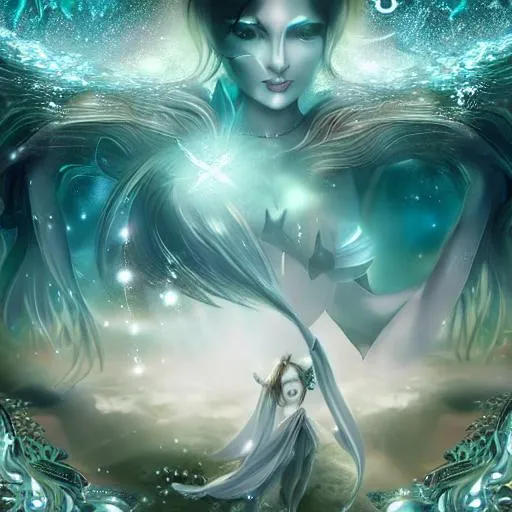 Prompt: Drawing of a {light goddess} with {horns}, {zilver and black tints}, with a cute face, {in the Ocean}, perfect proportions, perfect eyes, Perfect proportions, composition, hyperrealistic, super detailed, high quality, sharp focus, painting, intricate details, highly detailed, style Redeemer game 