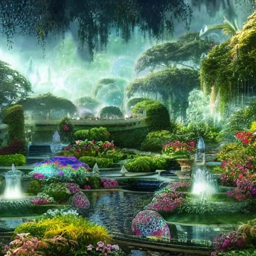 Prompt: Gardens, cosmic fantasy flowing streams and exotic gardens with intricate walking paths, gazebo, 4k Resolution, Art, Digital Art, Perfect Composition, Beautiful Detailed Intricate Insanely Detailed Octane Render Trending On Artstation, 8 K Artistic Photography, Photorealistic Concept Art, Soft Natural Volumetric Cinematic Perfect Light, Chiaroscuro, Award - Winning Photograph, Masterpiece, Oil On Canvas, Raphael, Caravaggio, Greg Rutkowski, Beeple, Beksinski, Giger, Treehouse, forest, 