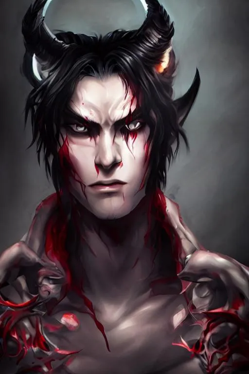 Prompt: handsome demon. black hair. red eyes. pale. jewel in center of forehead. head and shoulders shot. dslr. top-down lighting. anamorphic lens.