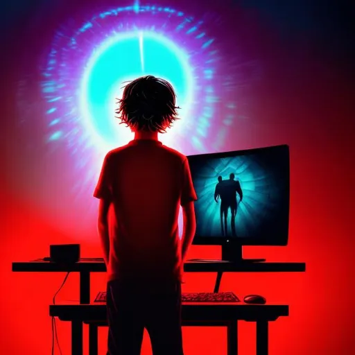 Prompt: weird preteen boy standing in front of a desktop computer hypnotized by the screen, young boy's back is to the camera, dark room, bright computer screen, the boy is entranced on the computer, weird and eerie setting, warm colors, red, black