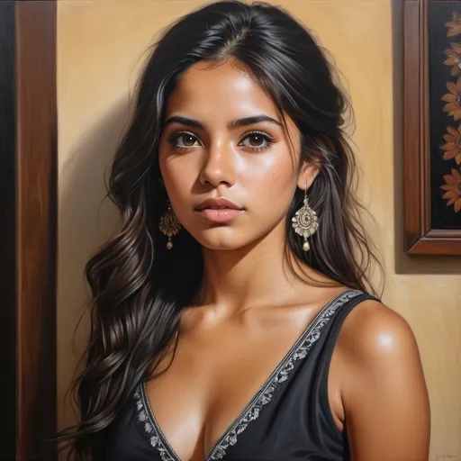 Prompt: Young Mexican women, oil painting, hyper realistic, high details, symmetric, perfect eyes, perfect hair, beautiful, dark brown eyes, black hair, tan skin, dark dress,