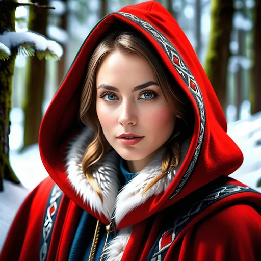 Prompt: Waist high Portrait of a handsome ( a Norwegian Woman in the Red Cloak with the Wolf in the Dark Forest) detailed, super realistic natural look, photographic shot, Oscar event  perfect detailed current age face, solid dark background, detailed symmetric eyes with circular iris, realistic, stunning realistic photograph, 3d render, octane render, intricately detailed, cinematic, trending on art station, Isometric, Centered hyper realistic cover photo, awesome full color, gritty, Klimt, high definition, cinematic, neoprene, portrait featured on unsplashed, stylized digital art, smooth, ultra high definition, 8k, unreal engine 5, ultra sharp focus, intricate artwork masterpiece, ominous, epic, trending on art station, highly detailed, vibrant, ultra-realistic, concept art, elegant, highly detailed, intricate, sharp focus, depth of field, f/1.8, 85mm, medium shot, mid shot, (((professionally color graded))), bright soft diffused light, (volumetric fog), trending on Instagram, hdr 4k, 8k