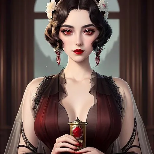 Prompt: Ethereal fantasy image detailed painting by Tim burton and artgerm portrait of a beautiful 1920's high class young aristocrat female with dark brown eyes perfect cherry red lips wearing a very beautiful formal gown,  artgerm, award-winning cgi, blender 
