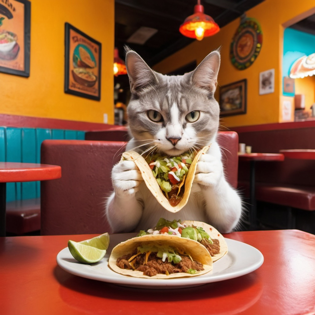 Image AI: Open Art: An cat eating yummy Tacos in a mexican themed restaurant