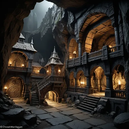 Prompt: Dwarven underground weathered city in Warhammer fantasy RPG style, huge cave, dark mood, eerie atmosphere, dimly lit, various randomly placed houses, realistic, detailed stone carvings, intricate metalwork, rugged dwarven architecture, atmospheric lighting, high quality, RPG style, fantasy, underground, dim lighting, detailed stone carvings, intricate metalwork, rugged architecture, dynamic view, seen from distance,