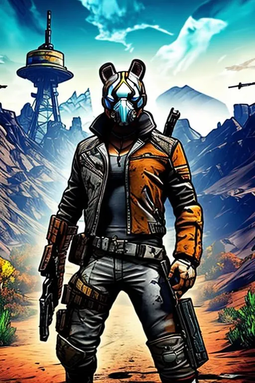 Prompt: Borderlands art style, cell shading, post-apocalyptic landscape, high quality, bandit with a gun on his back