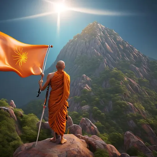 Prompt: A Hindu monk having sword and Saffron flag in hand standing on the mountain in the evening. Realistic 3D image 