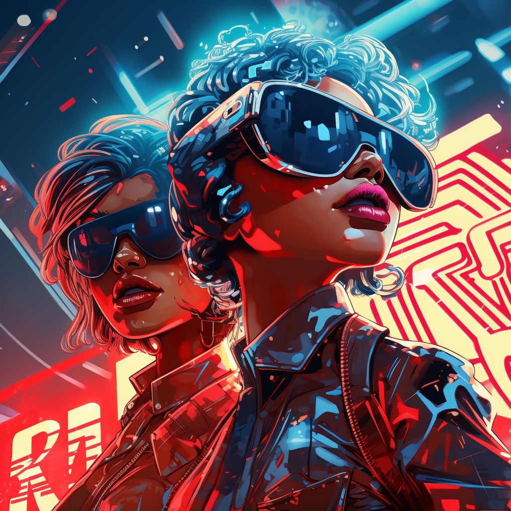 Prompt: ray bans with neon characters, in the style of cyberpunk manga, uhd image, 2d game art, snailcore, red and cyan, colorful turbulence, womancore