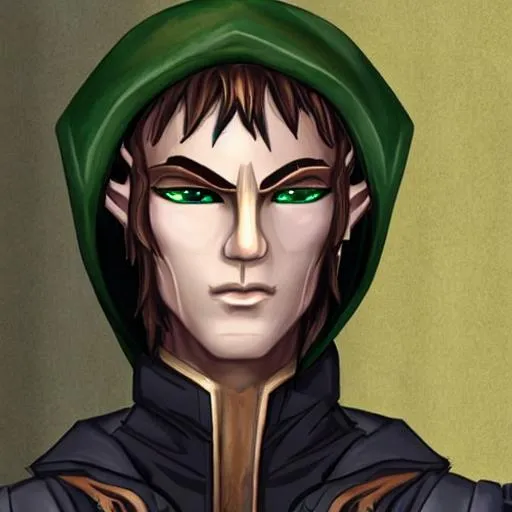 Prompt: A young male wood elf with bronze skin and blue and green eyes wearing a black with robe.