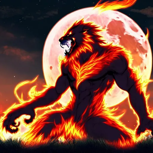 Prompt: anime fiery werewolf lunar eclipse backround