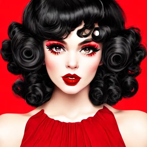 Prompt: 60's fashionable girl,black curly hair, red lips, facial closeup
