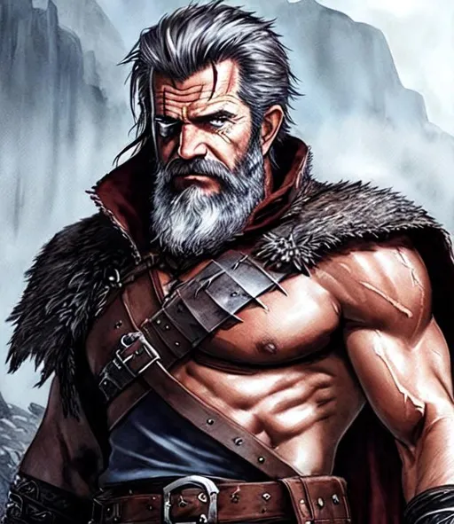 Prompt: a final fantasy watercolor concept art with Mel Gibson with intricate eye patch, 66 years old, brown viking armor, sleeveless, determined, fierce, hero, dirty, cloak, (intricate eye patch),  dramatic, human, cinematic lighting, caustic, cave background, intricate eye patch, brown hair,beard, brown eyes, battlefield, ethereal, jewelry set, handsome, royal vibe, highly detailed, digital painting, Trending on artstation , HD quality, tan skin,artgerm, by Ilya Kuvshinov