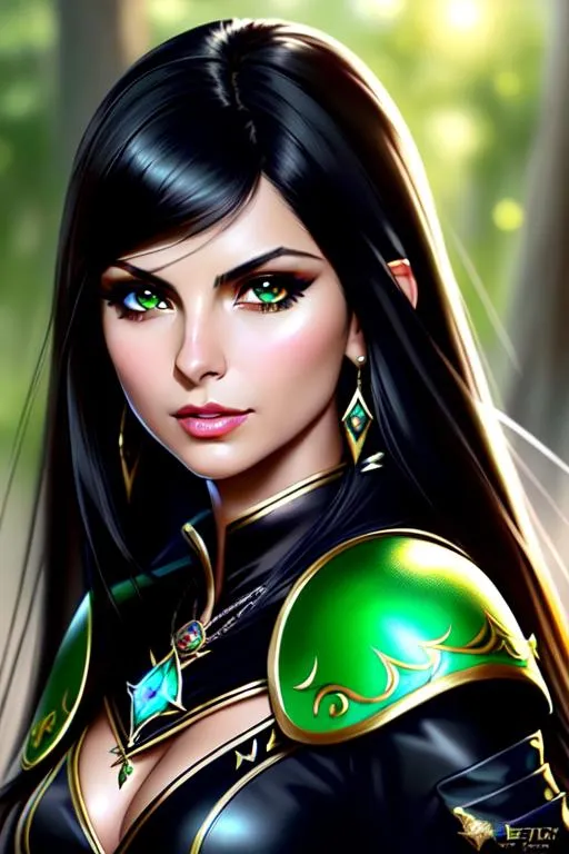 Prompt: {Mix of victoria justice and Morena Baccarin}, elf ears, green eyes, black flowing long black hair, black desert online ranger clothing, sword fighting, insanely detailed and intricate, hypermaximalist, elegant, ornate, hyper realistic, anime, dramatic, digital painting, artstation, smooth, sharp focus, black desert online combat