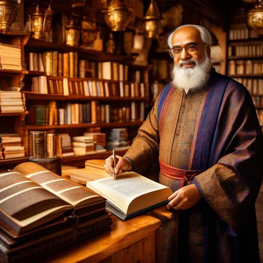 Prompt: A 4k ultra high res image of  Emphasis on A kindly shopkeeper wearing traditional wooden spectacles and an apron over his medieval clothing, stands amidst the 
 cozy (((medieval book shop))), with dusty books and ancient scrolls scattered across the shop, giving off a sense of antiquity.