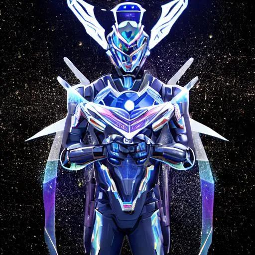 Prompt: Boy using robot suit, Galaxy effect, two Galaxy swords, 3d portrait, mask, Galaxy ornament, Galaxy wings around Space