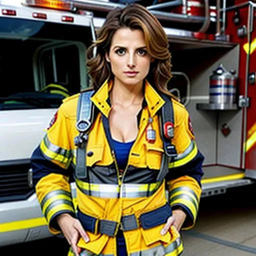 Prompt: Stana Katic as super hot firefighter open unbuttoned