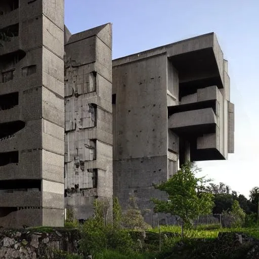 Prompt: brutalist architecture surrounded by nature