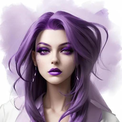 Prompt: A woman with purple hair, purple eyes, purple lips, purple clothes, facial closeup