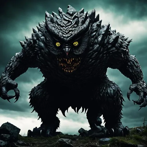 Prompt: Sharp and rigid teeth like stones, dark drool, grimm spit

Generate an image in the dark, gritty style of Kentaro Miura, depicting a monstrous creature known as the Oroborowl. Standing approximately 3 meters tall, the Oroborowl is a hulking figure that primarily resembles an owl but exudes an undeniable air of menace.

Its body is sturdy and robust, enveloped in a muted mix of brown and black hues akin to an owl's plumage. The Oroborowl's head and face should be owl-like, featuring large, ominous eyes and a grimace of chaotic, menacing teeth that replace the usual beak.

This creature possesses abnormaly large wings, which dominate its figure. These wings are not brightly colored; instead, they blend with the creature's overall somber color scheme, adding to its monstrous silhouette.

Its tail, reminiscent of a bear's, ends in a flat shape similar to spread owl tail feathers but hardened and hammer-like, functioning as a weapon. Intricate patterns mimicking the markings of owl feathers serve as natural camouflage in the forest environment.

The Oroborowl is characterized by a low, resounding voice, used to express itself, and it spends long periods sleeping, during which moss grows on its body. Smaller creatures daringly pilfer food remnants from between its chaotic arrangement of teeth.

The creature dwells in a dense forest, hunting and foraging much like an apex predator. Despite an appearance suggesting clumsiness and a lack of intelligence, it is a formidable creature, consuming anything that crosses its path