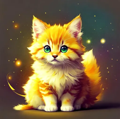 Prompt: Cute, yellow, fluffy, fantasy light kitten, with lighting, yellow eyes, yellow fur, and possessing the element of space and making circles of lighting stripes
 move around in the air in a magical way, in a space background. Perfect features, extremely detailed, realistic. Krenz Cushart + loish +gaston bussiere +craig mullins, j. c. leyendecker +Artgerm.