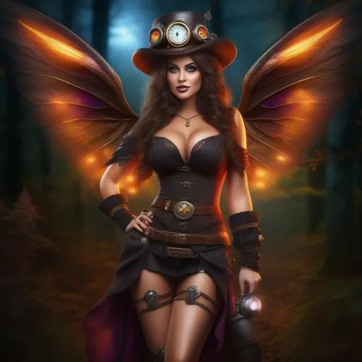 Prompt: Wide angle. Whole body showing. Detailed Illustration. Photo real style. Very realistic. A beautiful, buxom woman with broad hips. Colorful, glowing bright eyes,  standing in a forest by a sleepy town. Shes a Steam Punk Witch, a Winged Fairy, with a Skimpy, flowing outfit. On a colorful, Halloween night. 
