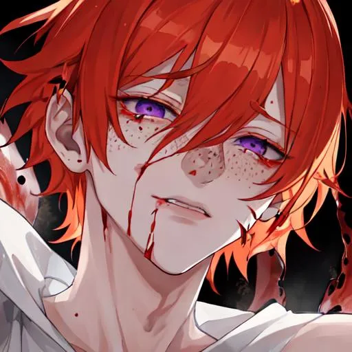 Prompt: Erikku male adult (short ginger hair, freckles, right eye blue left eye purple)  UHD, 8K, insane detail anime style, covered in blood, psychotic, covering his face with his hands, face covered in blood and cuts, blood highly detailed, crying out in pain, winking