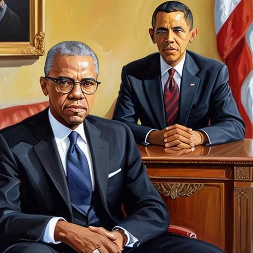 Prompt: Full portrait oil painting, studio portrait of Malcolm X sitting with Barack Obama 