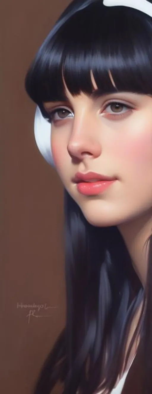 Prompt: Facial portrait of a young woman, pale skin, black hair, bangs, dark brown eyes, cartoony style, extremely detailed painting by Greg Rutkowski and by Henry Justice Ford and by Steve Henderson 
