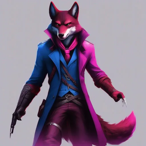 Prompt:  A Furry Dark Red Wolf As A Assassin From Assassin's Creed Using a Magenta And Drak Blue Suit