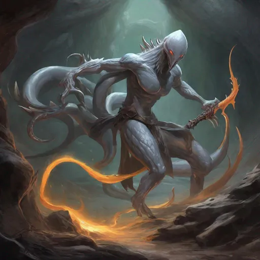 Prompt: {{{{{{{Gelatinous Body}}}}}}}, Full Body Grey Skin, Grey Slime Body, tenticles, humanoid claws, slender lizard tail, sharp fangs, no eyes, oval shaped head, wielding two psionic daggers, fantasy setting, cave background, combat stance, colored, Ultra high quality, Slenderman build, sketch, drawing