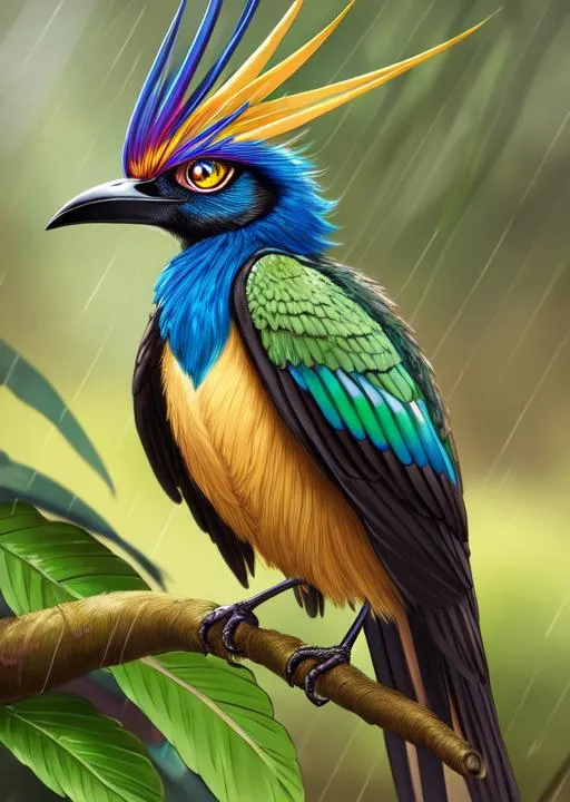 Prompt: Highly detailed bird of paradise,DSLR,pretty eyes,ultra-fine detailed,masterpiece,epic,natural lighting,forest background,field full of flower,rainy,little bit foggy,aesthetic,ilustration,dynamic potrait,2D,golden hour,UHD,HDR,