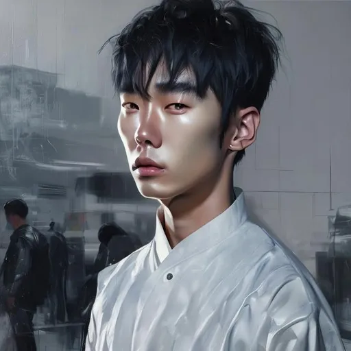 Prompt: Korean man with black futuristic clothes hiper-realistic oil paint                           