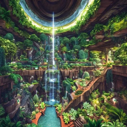 Prompt: underground city with plants and waterfalls