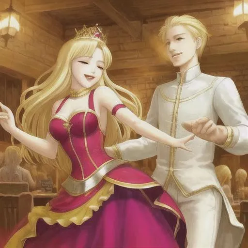 a blonde queen is happy and dancing with a stranger... | OpenArt