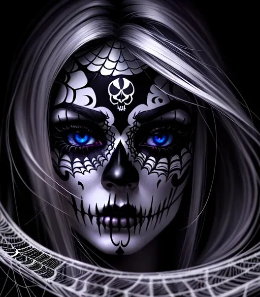 Prompt: Horror, twisted, scary, ominous, cinematic, 3D, HD, freeform dark chaos Beautiful!! {Sugarskull}Female, detailed gorgeous face, Beautiful big reflective eyes, long flowing hair, expansive spiderweb background, hyper realistic, 16K --s98500