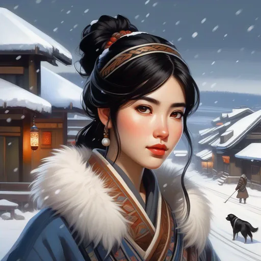 Prompt: Third person, gameplay, Ainu girl, pale skin, black hair, brown eyes, Hokkaido, snow, cold atmosphere, cartoony style, extremely detailed painting by Greg Rutkowski and by Henry Justice Ford and by Steve Henderson 