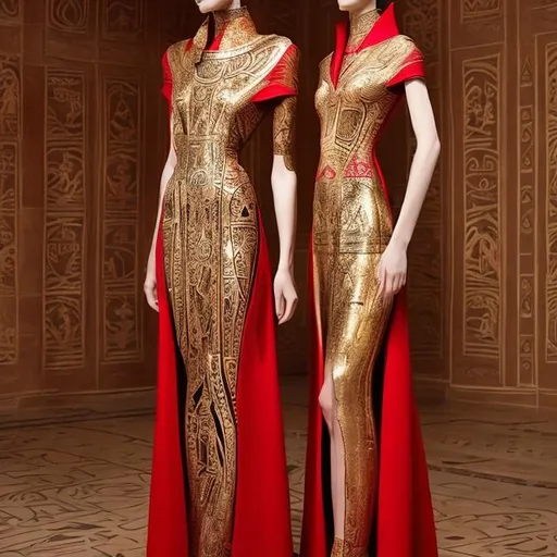 Prompt: Red pharaonic women's dress with golden pharaonic drawings inspired by modern elegance