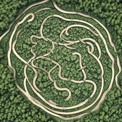 Prompt: a river shaped as the infinite symbol in the middle of a wood 