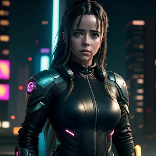 Prompt: Cyberpunk, Young Linda Cardellini, in short skin suit,, raw photo, photorealistic, High Detail, dramatic, UHD, HDR raw photo, realistic, sharp focus, 8K high definition, insanely detailed, intricate, high quality, 